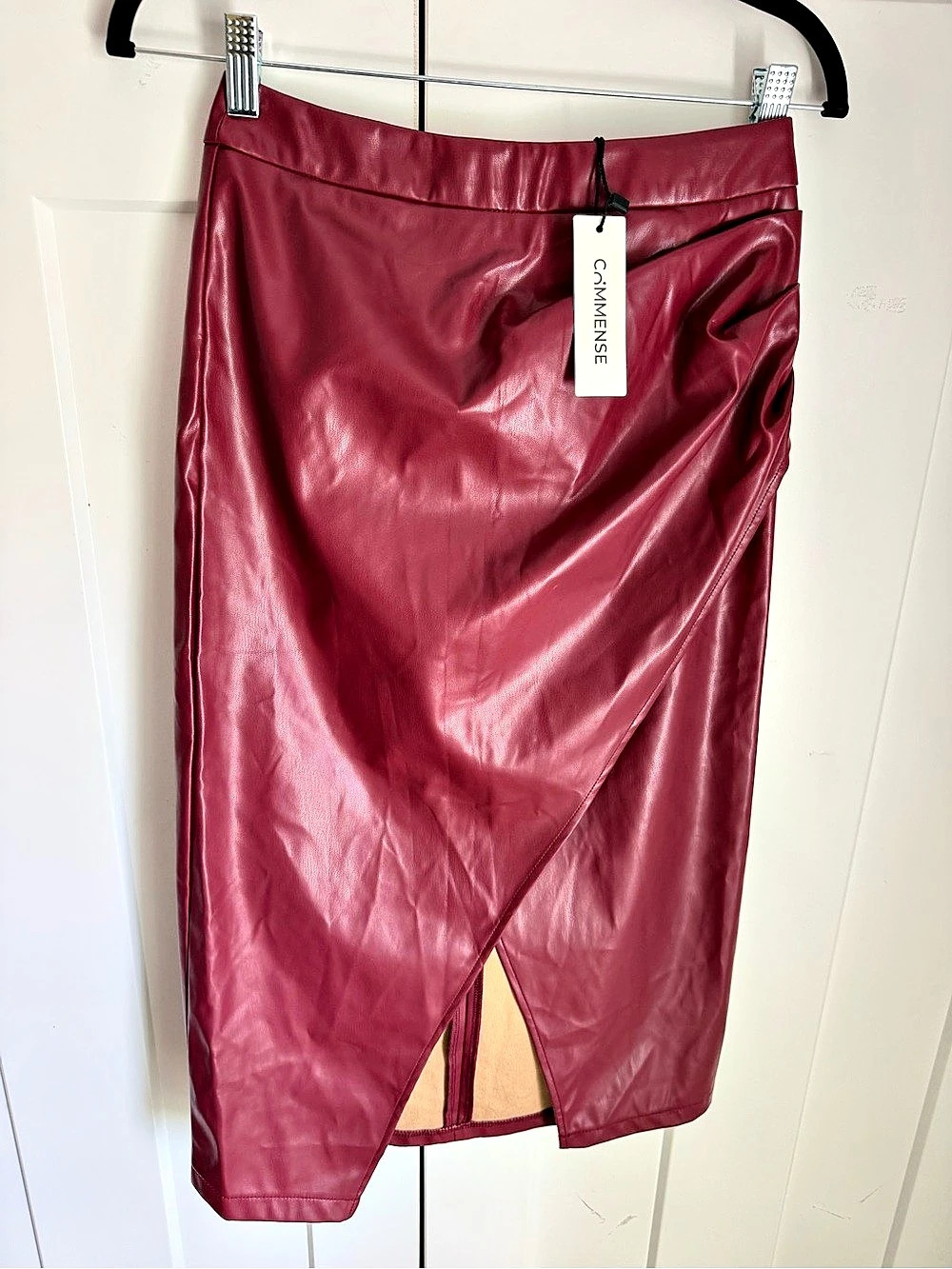 Commense Faux Leather Ruched Slit Midi Skirt Burgundy Small - Picture 2 of 7